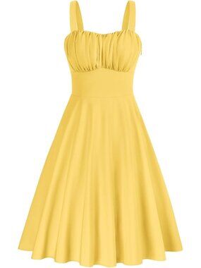 Women's Light Yellow Vintage A-Line Midi Cocktail Dress Spaghetti Strap